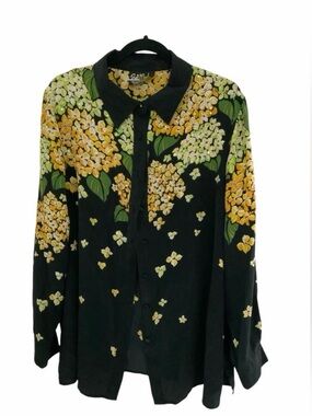 Bob Mackie Black Silk Button-Down Blouse with Yellow Floral Print